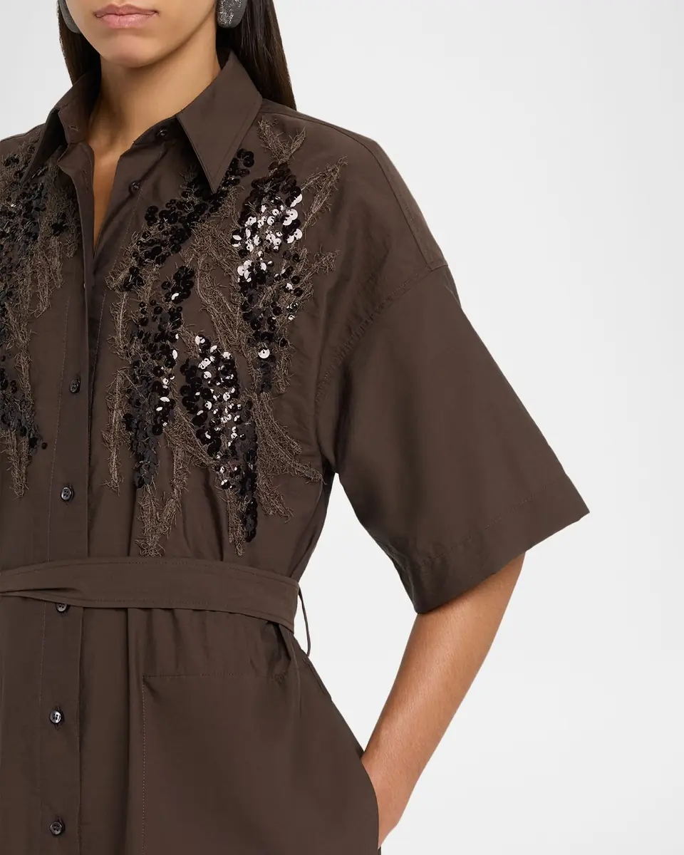 Brunello Cucinelli Sequin Embroidered Cotton Poplin Midi Shirtdress | Thumbnail 9