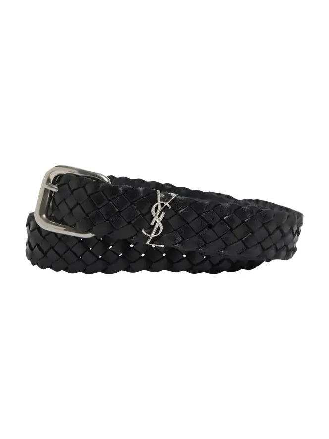 Saint Laurent Men's Cassandre YSL Woven Leather Belt