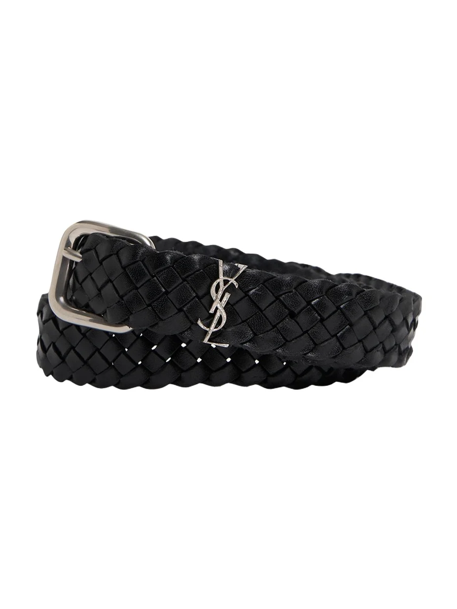 Saint Laurent Men's Cassandre YSL Woven Leather Belt