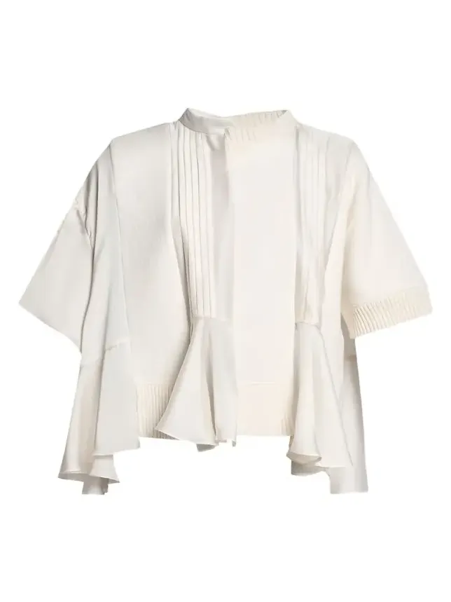 Mixed-Media Cashmere Short-Sleeve Peplum Sweater