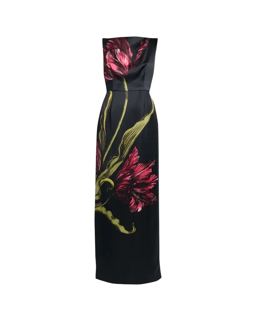 Floral-Print Duchess Satin Sleeveless Gown