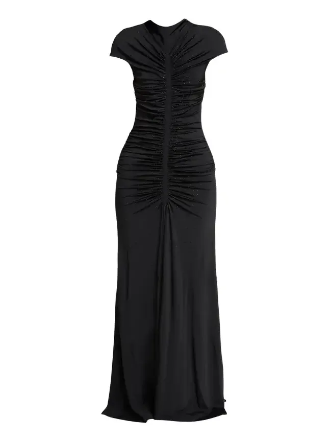 Ruched Cap-Sleeve Rhinestone Gown Ruched Cap-Sleeve Rhinestone Gown