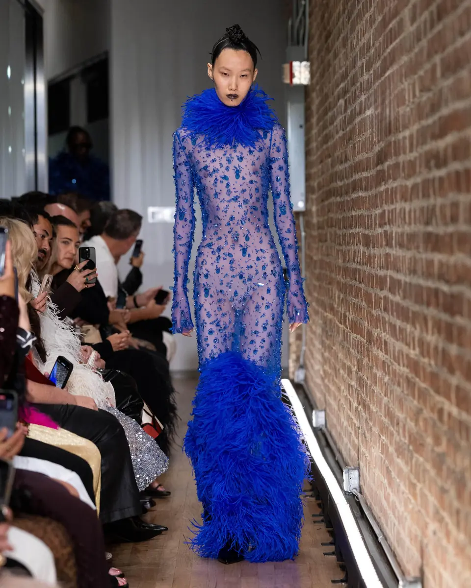 LAPOINTE Embroidered Mesh Boatneck Gown With Feathers | Thumbnail 2 LAPOINTE Embroidered Mesh Boatneck Gown With Feathers | Thumbnail 2