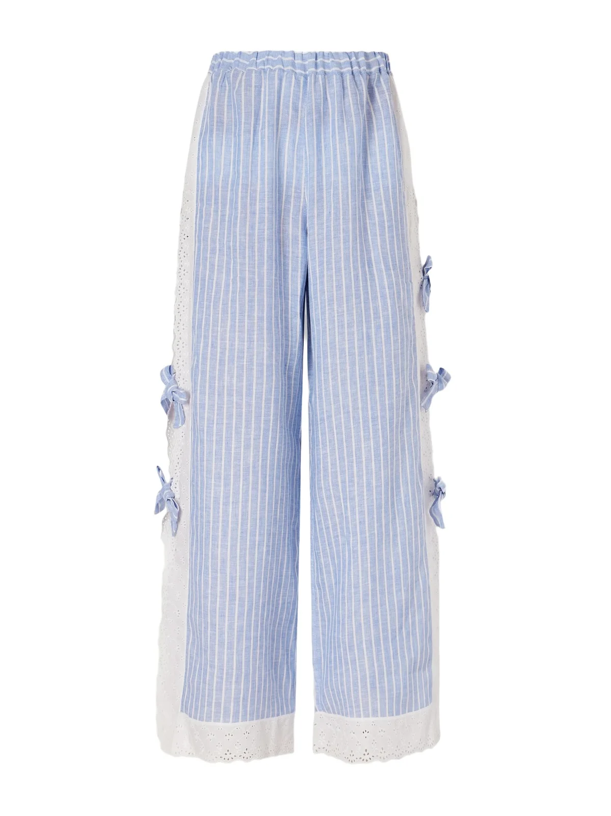 Loretta Caponi Clarissa Bow-embellished Striped Broderie Anglaise-trimmed Linen Straight-leg Pants