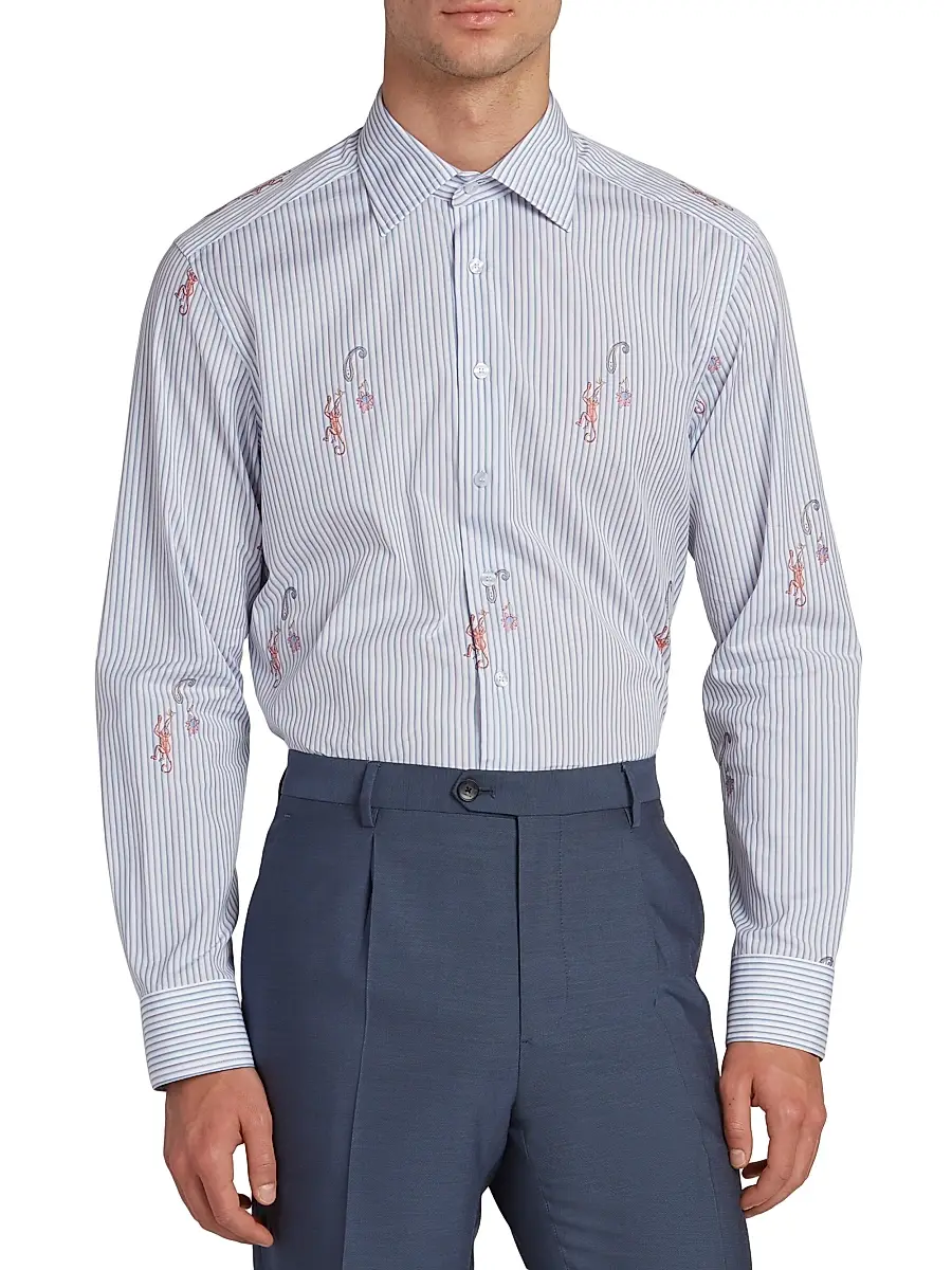 Etro Men's Pinstriped Monkey Jacquard Button-Front Shirt | Thumbnail 3 Etro Men's Pinstriped Monkey Jacquard Button-Front Shirt | Thumbnail 3