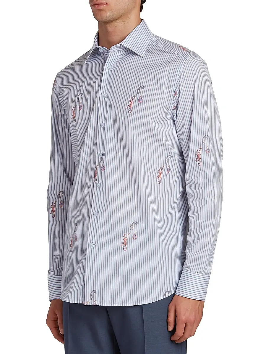 Etro Men's Pinstriped Monkey Jacquard Button-Front Shirt | Thumbnail 4 Etro Men's Pinstriped Monkey Jacquard Button-Front Shirt | Thumbnail 4