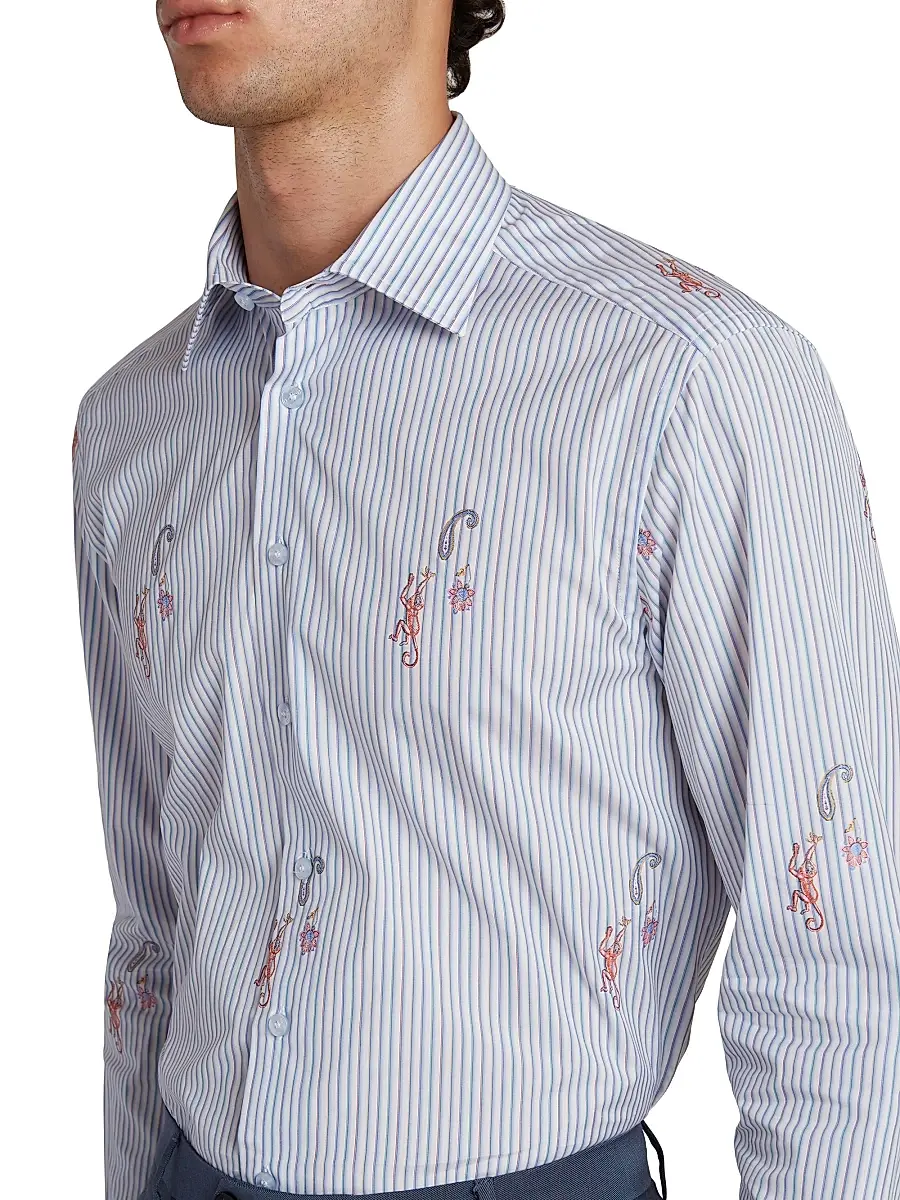 Etro Men's Pinstriped Monkey Jacquard Button-Front Shirt | Thumbnail 6 Etro Men's Pinstriped Monkey Jacquard Button-Front Shirt | Thumbnail 6