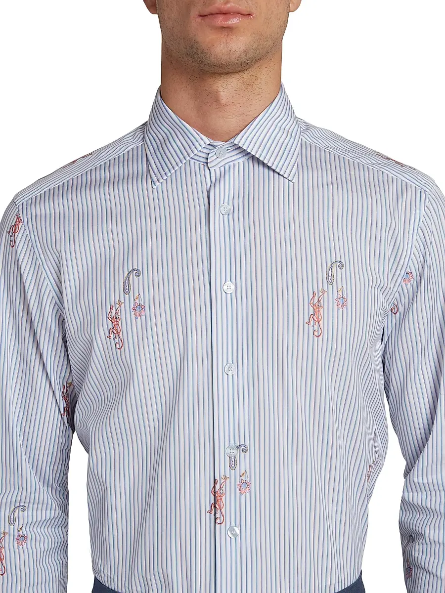 Etro Men's Pinstriped Monkey Jacquard Button-Front Shirt | Thumbnail 7 Etro Men's Pinstriped Monkey Jacquard Button-Front Shirt | Thumbnail 7