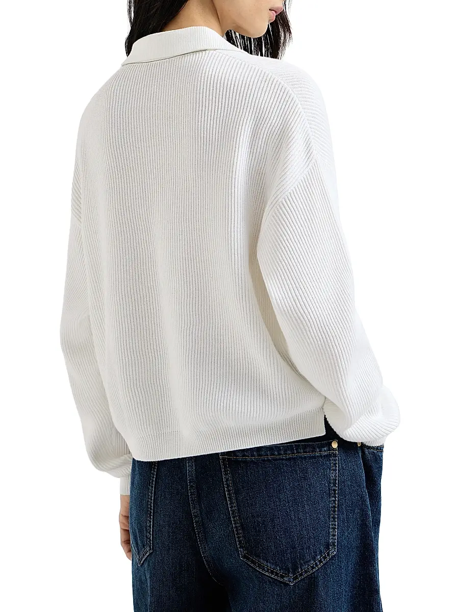 Brunello Cucinelli Women's Cotton English Rib Knit Polo Shirt with Monili | Thumbnail 3 Brunello Cucinelli Women's Cotton English Rib Knit Polo Shirt with Monili | Thumbnail 3