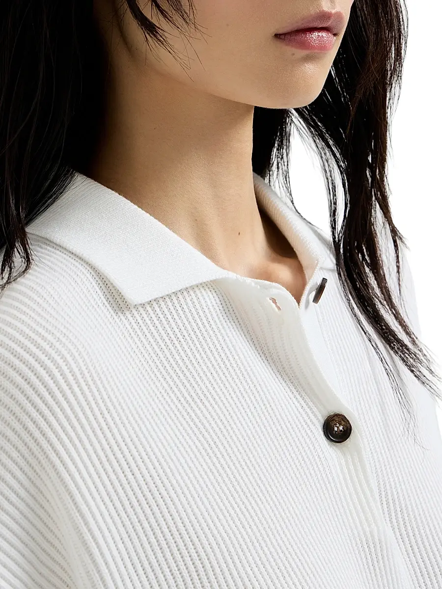 Brunello Cucinelli Women's Cotton English Rib Knit Polo Shirt with Monili | Thumbnail 4 Brunello Cucinelli Women's Cotton English Rib Knit Polo Shirt with Monili | Thumbnail 4