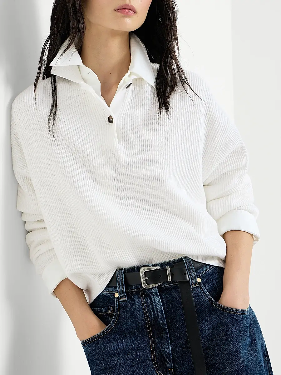 Brunello Cucinelli Women's Cotton English Rib Knit Polo Shirt with Monili | Thumbnail 5 Brunello Cucinelli Women's Cotton English Rib Knit Polo Shirt with Monili | Thumbnail 5