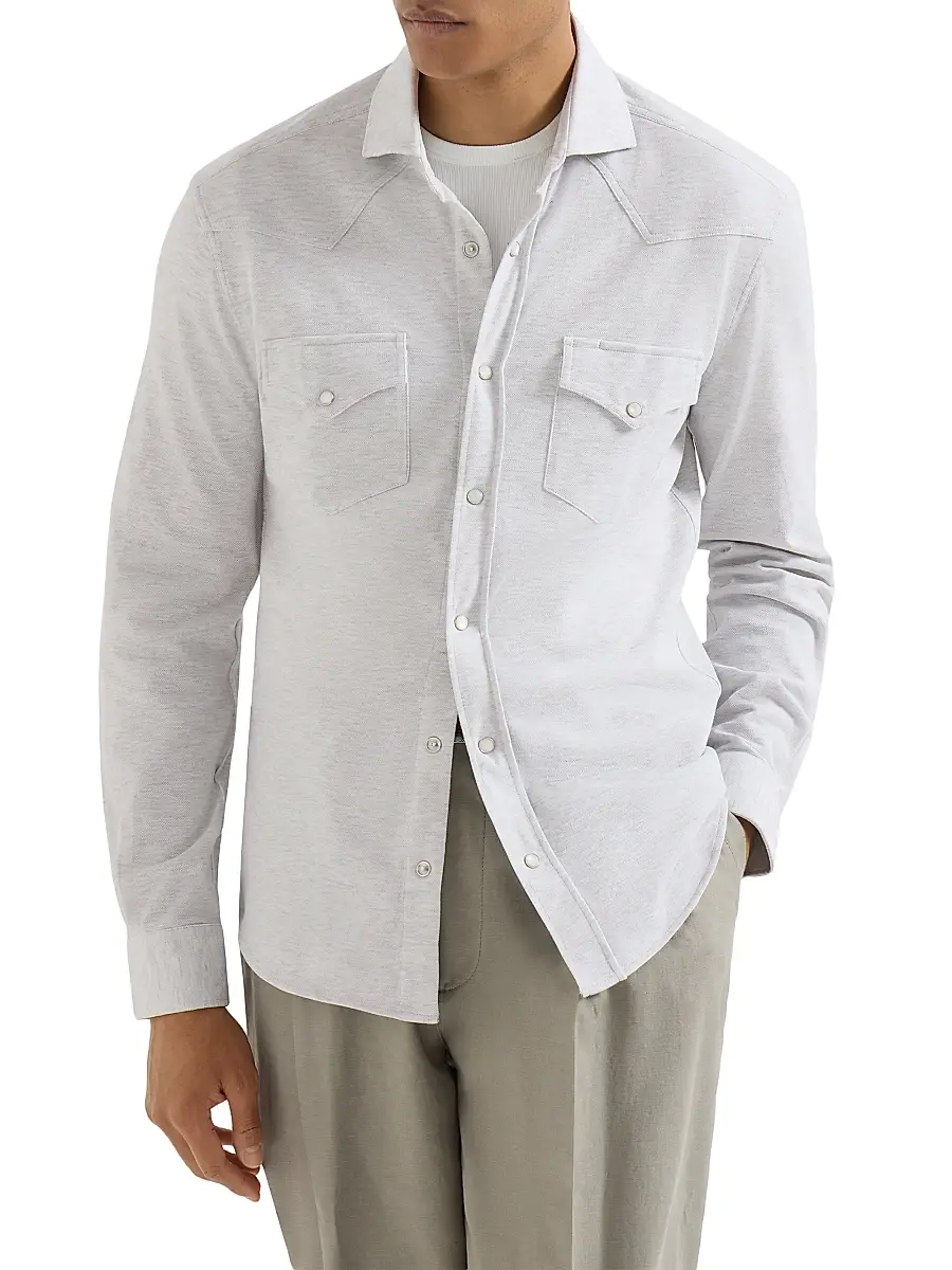Brunello Cucinelli Men's Cotton Piqué Western Shirt | Thumbnail 2 Brunello Cucinelli Men's Cotton Piqué Western Shirt | Thumbnail 2