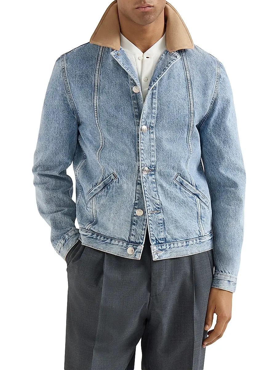 Brunello Cucinelli Men's Denim Outerwear Jacket with Suede Collar - Light Denim | Thumbnail 2 Brunello Cucinelli Men's Denim Outerwear Jacket with Suede Collar - Light Denim | Thumbnail 2