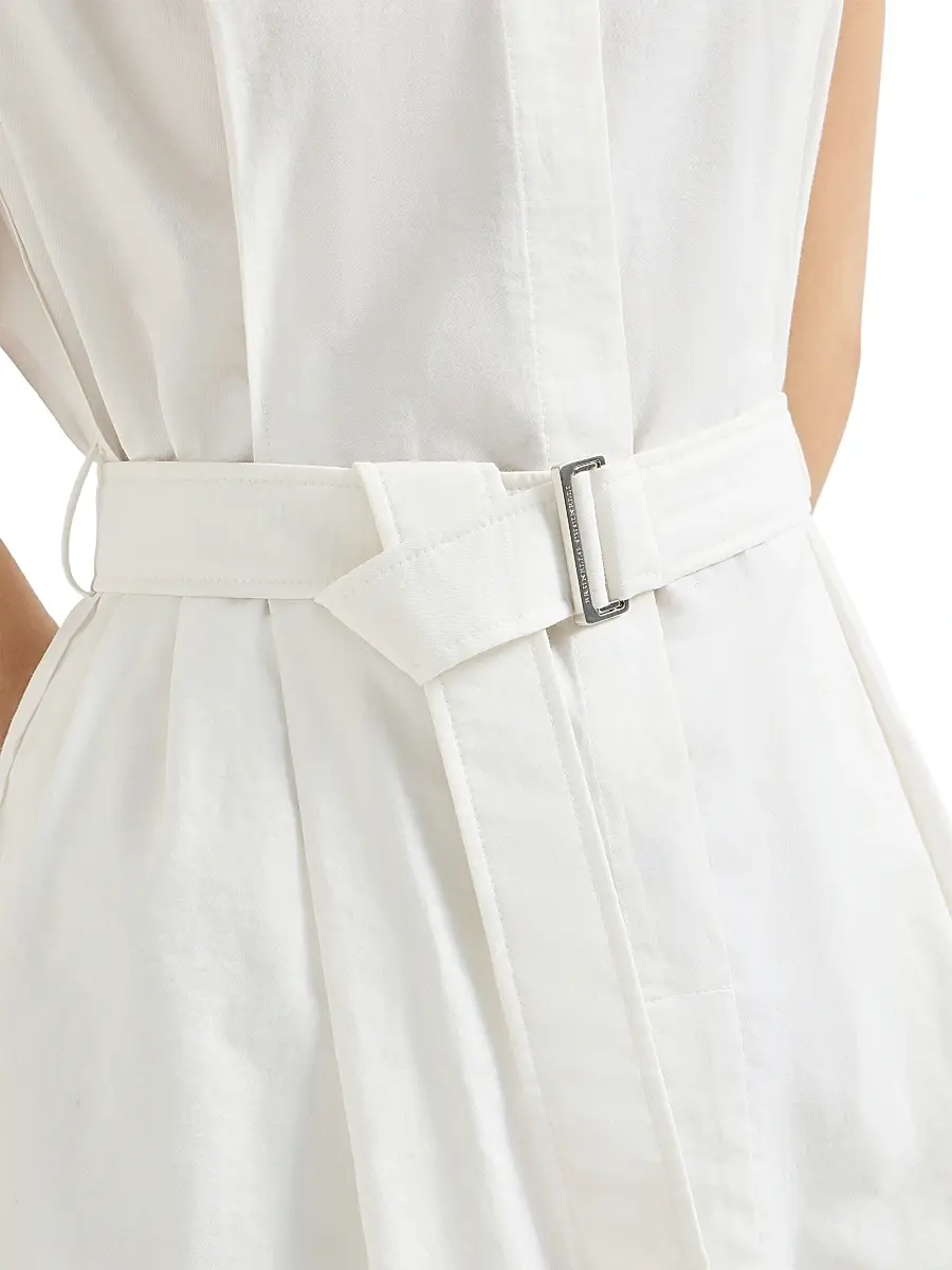 Brunello Cucinelli Women's Techno Cotton Texture Twill Belted Mini Shirt Dress with Monili | Thumbnail 5