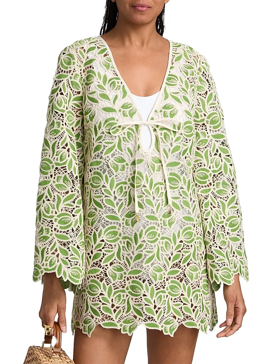 Milly Women's Green Leaf Cotton-Blend Cover-Up Minidress | Thumbnail 3 Milly Women's Green Leaf Cotton-Blend Cover-Up Minidress | Thumbnail 3