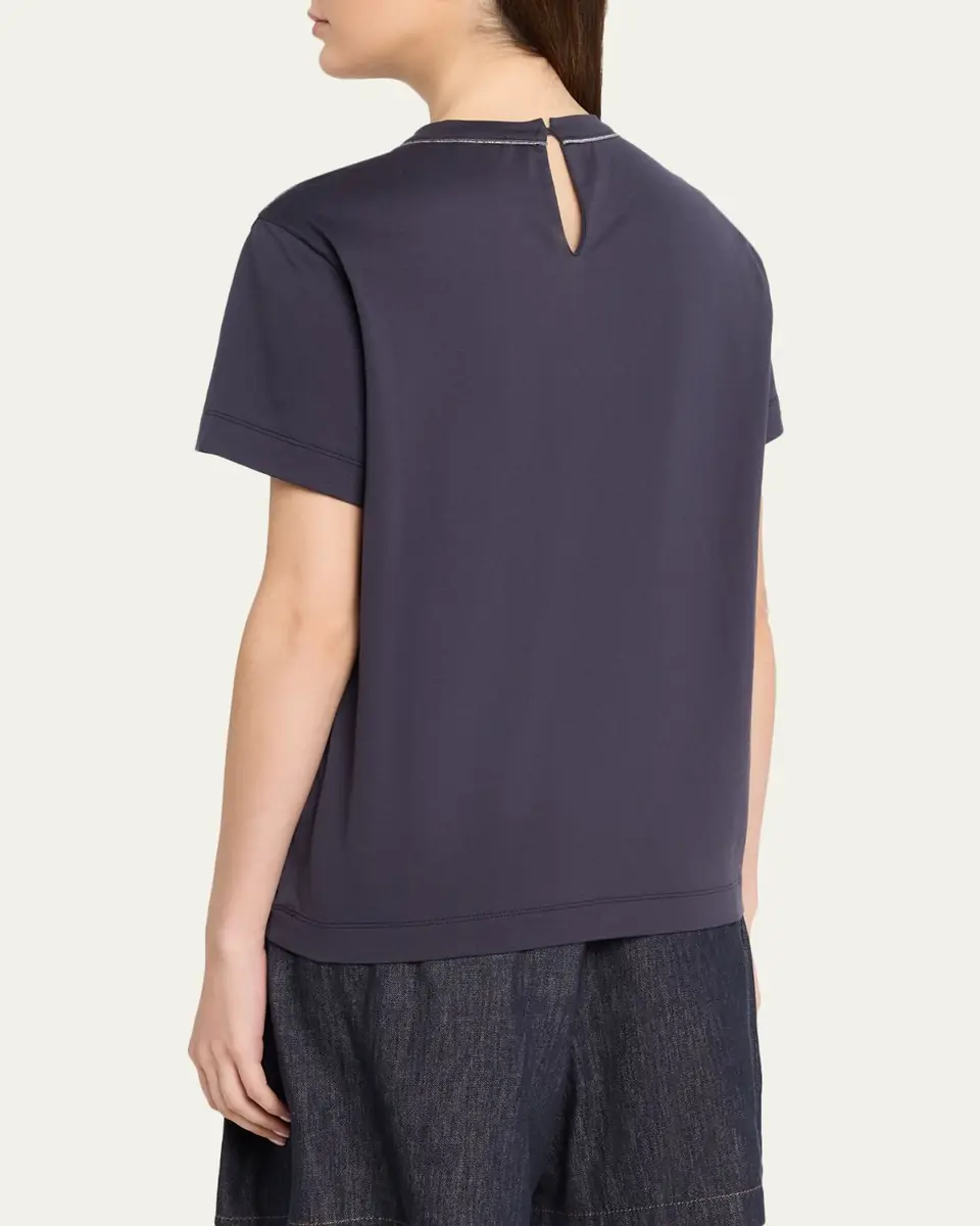Brunello Cucinelli Metallic Seams Cotton Stretch Short-Sleeve T-Shirt | Thumbnail 3