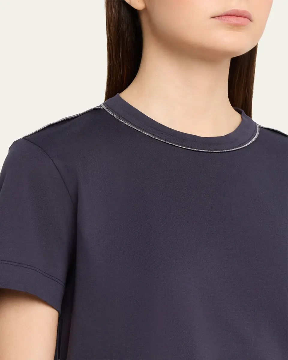 Brunello Cucinelli Metallic Seams Cotton Stretch Short-Sleeve T-Shirt | Thumbnail 5