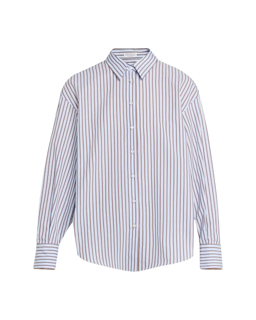 Brunello Cucinelli Monili-Trim Striped Cotton Poplin Button-Down Shirt | Image 1 Brunello Cucinelli Monili-Trim Striped Cotton Poplin Button-Down Shirt | Image 1