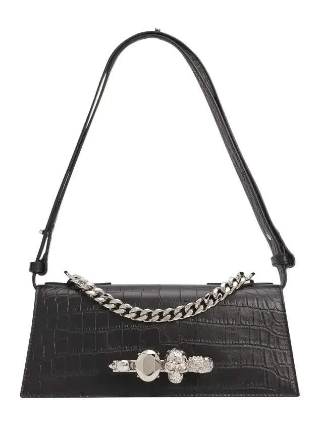 Jeweled Croc-Embossed Leather Shoulder Bag