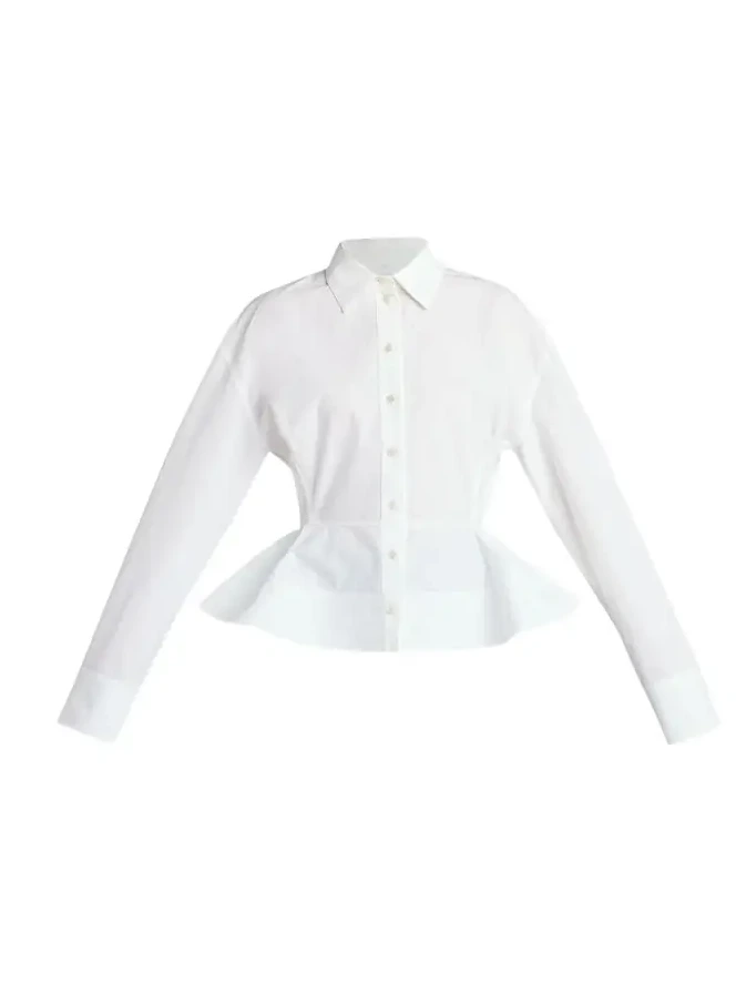 Cotton Poplin Button-Front Peplum Shirt