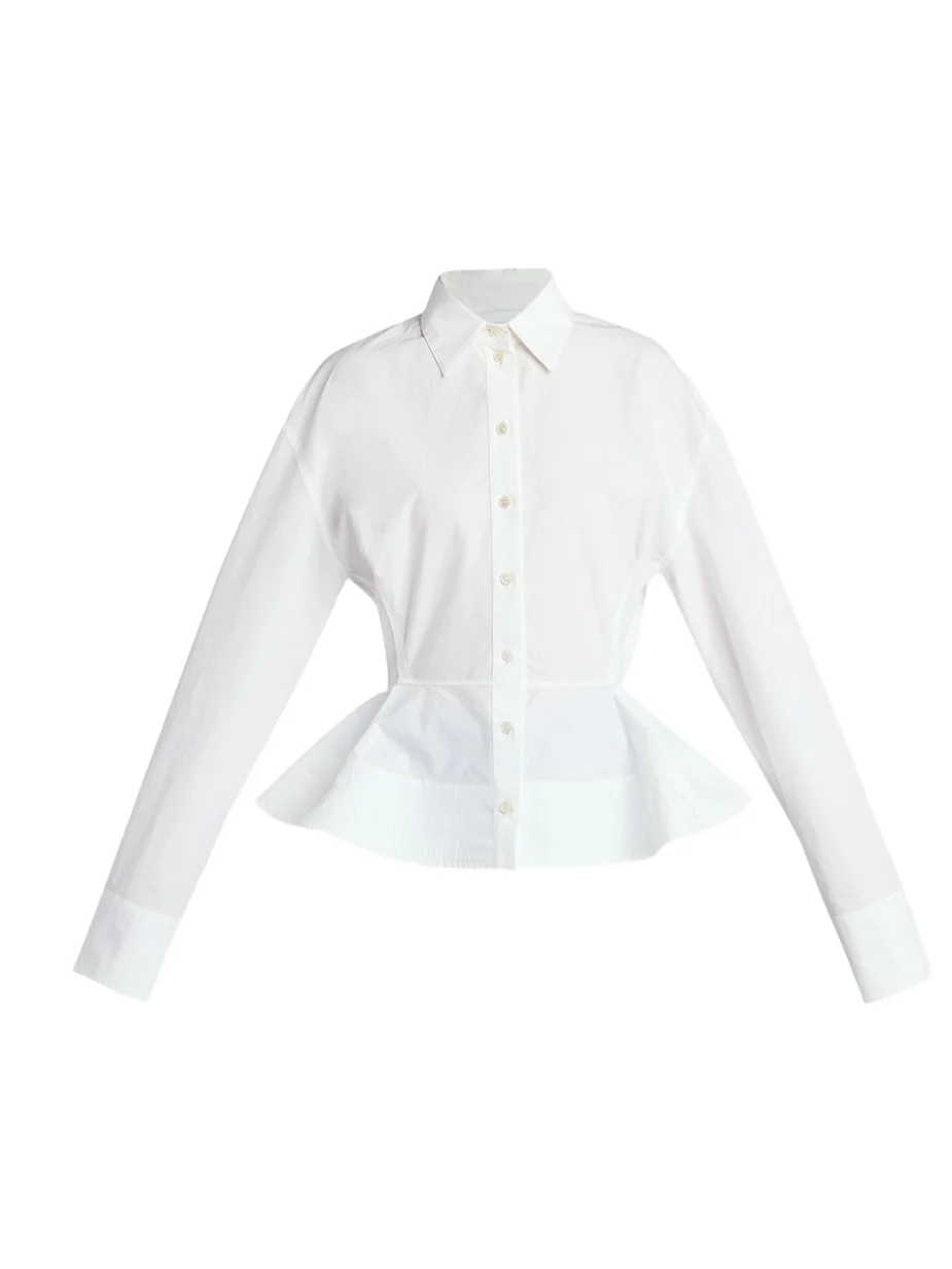 Cotton Poplin Button-Front Peplum Shirt