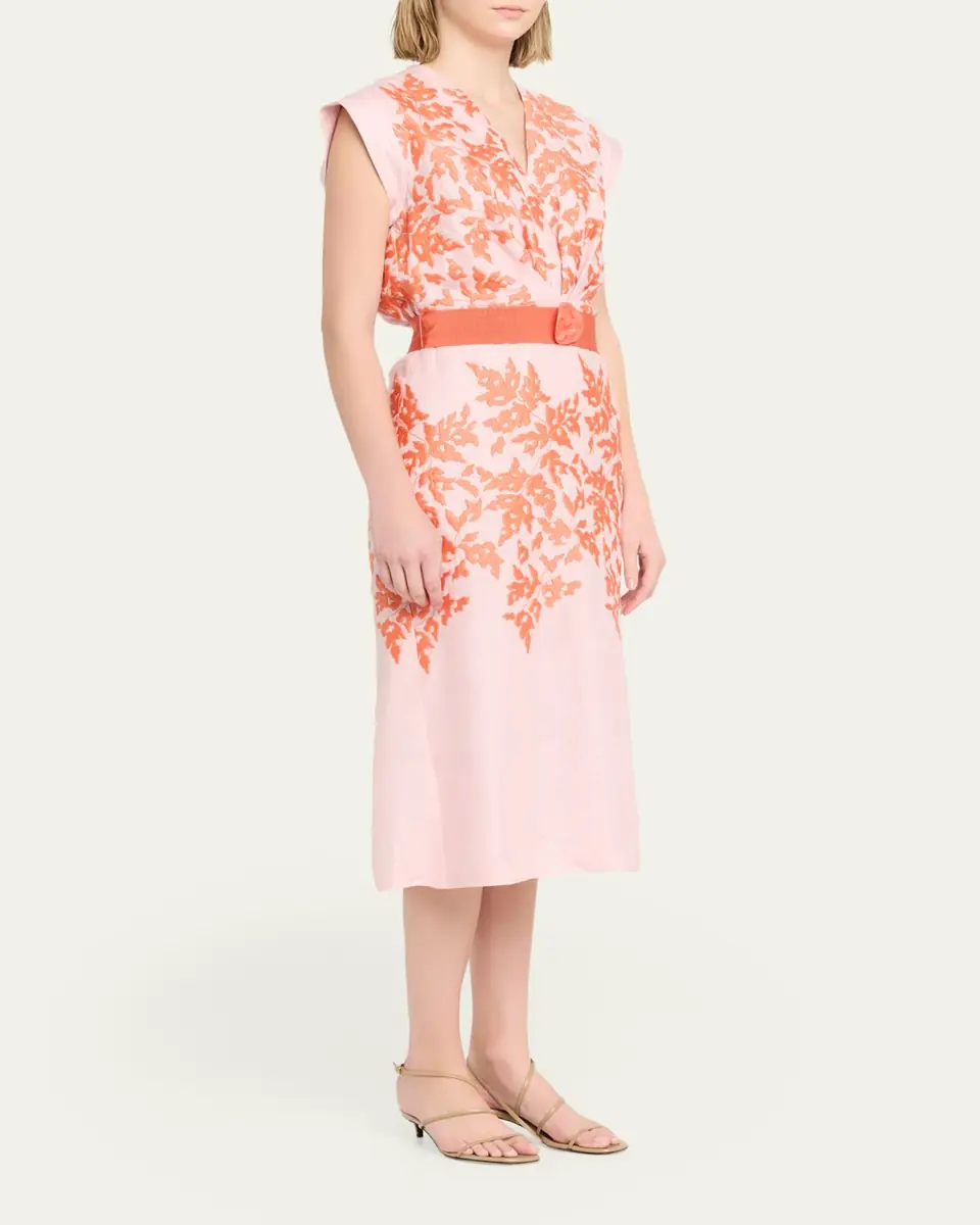 Silvia Tcherassi Olive Embroidered Linen Midi Dress With Belt | Thumbnail 4 Silvia Tcherassi Olive Embroidered Linen Midi Dress With Belt | Thumbnail 4