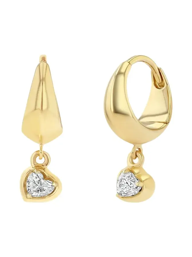 Crescent Hoop Earring with Diamond Heart, Single