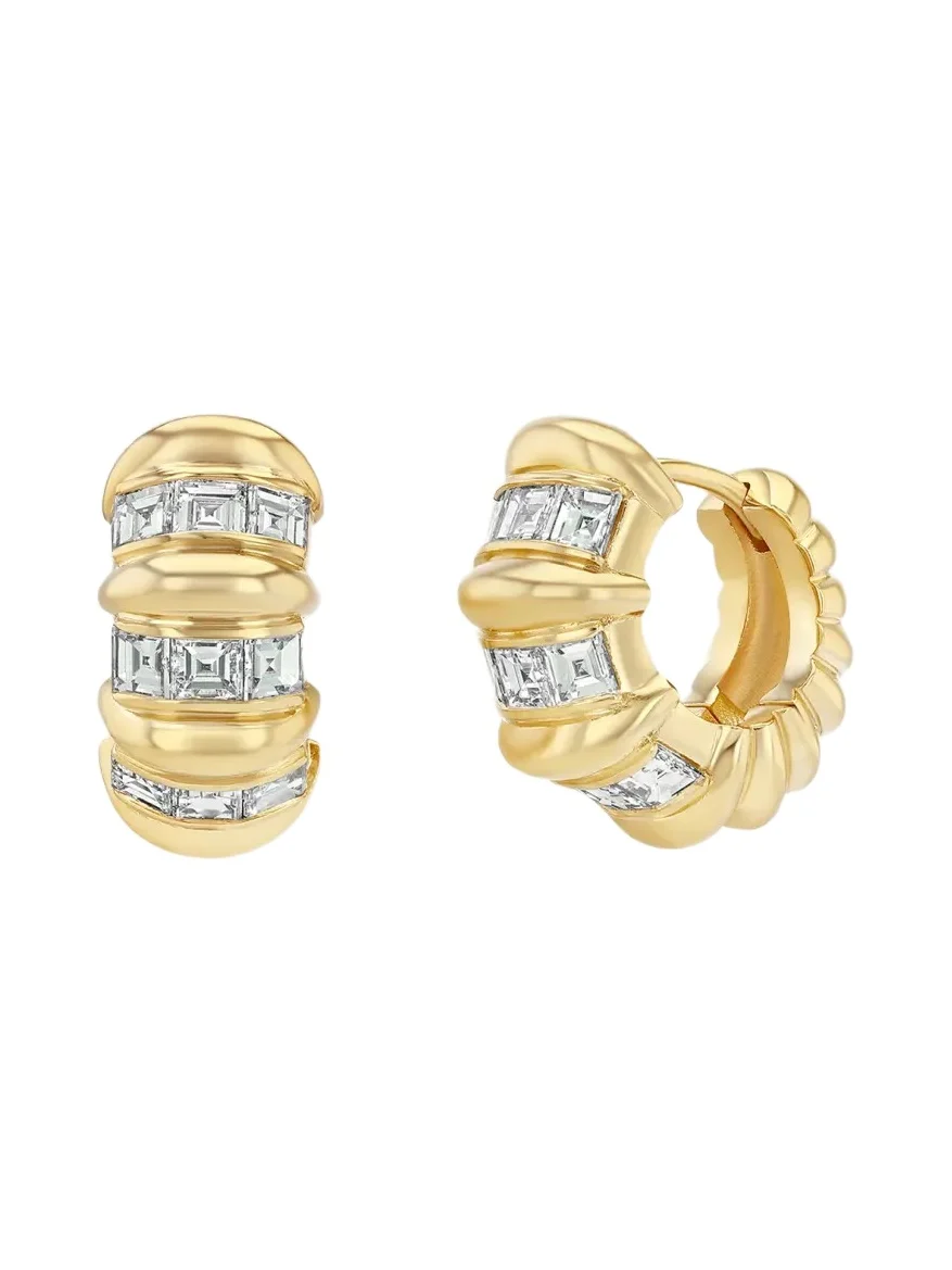 Mini Multi-Row Fluted Bar Carre Huggie Earrings with Diamonds