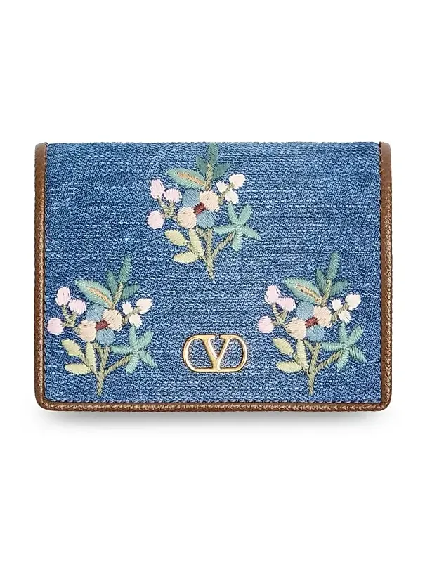 Women's VLogo Signature Wallet in Denim with Floral Embroidery - Denim