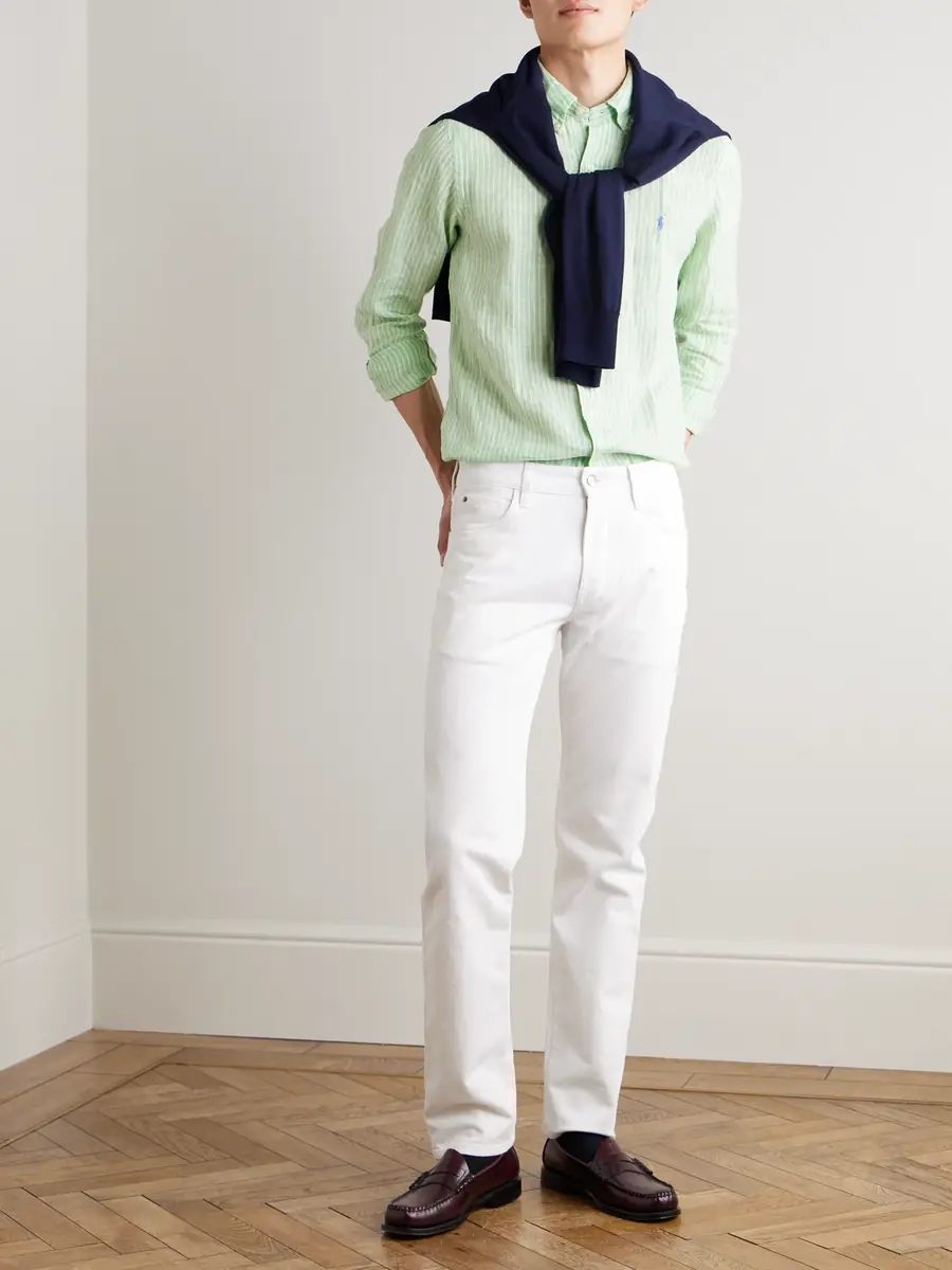 Polo Ralph Lauren Button-Down Collar Logo-Embroidered Striped Linen Shirt - Men | Thumbnail 2