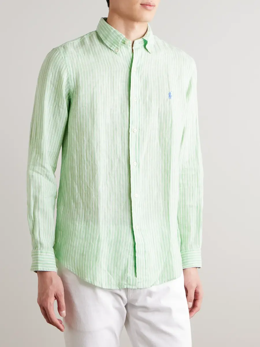 Polo Ralph Lauren Button-Down Collar Logo-Embroidered Striped Linen Shirt - Men | Thumbnail 3