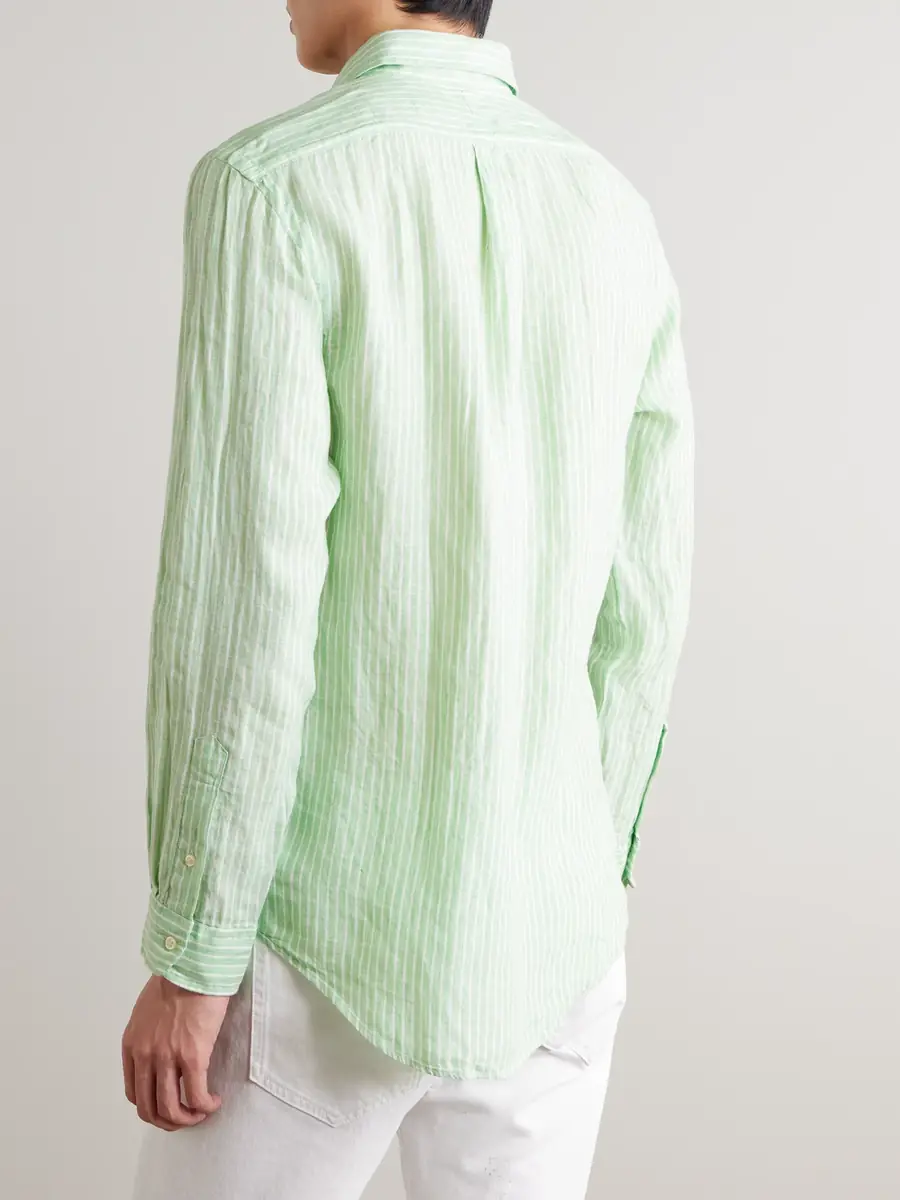 Polo Ralph Lauren Button-Down Collar Logo-Embroidered Striped Linen Shirt - Men | Thumbnail 4