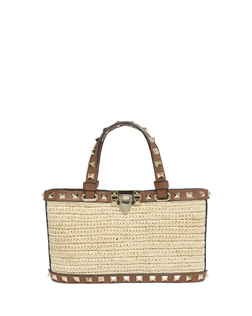 Valentino Garavani Mini Rockstud Viscose Raffia Top-Handle Bag | Image 1 Valentino Garavani Mini Rockstud Viscose Raffia Top-Handle Bag | Image 1