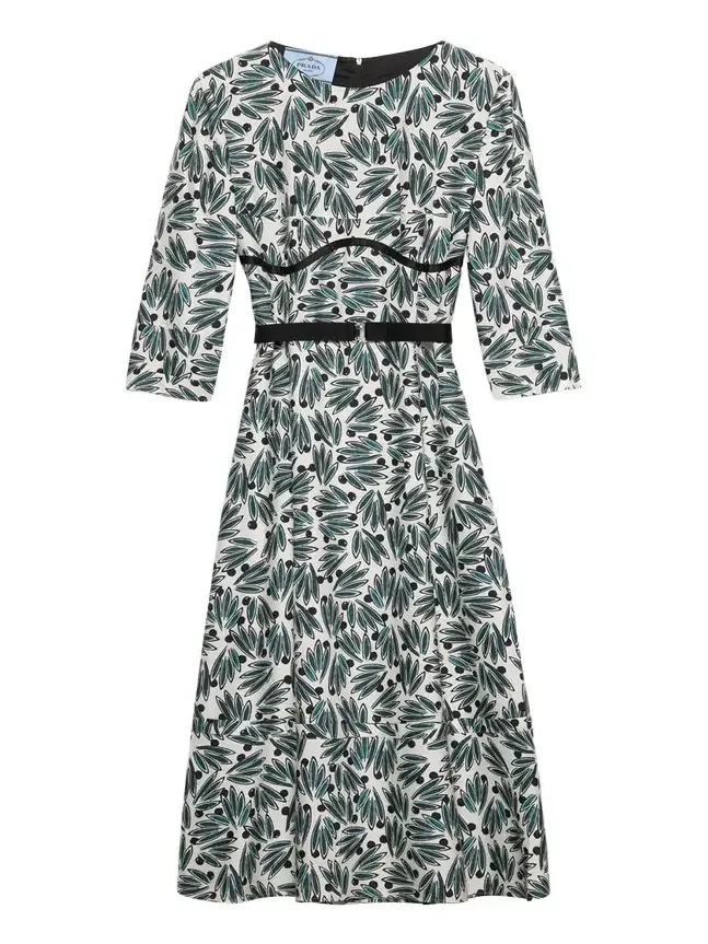 Floral Print Pongé 3/4-Sleeve Midi Dress Floral Print Pongé 3/4-Sleeve Midi Dress