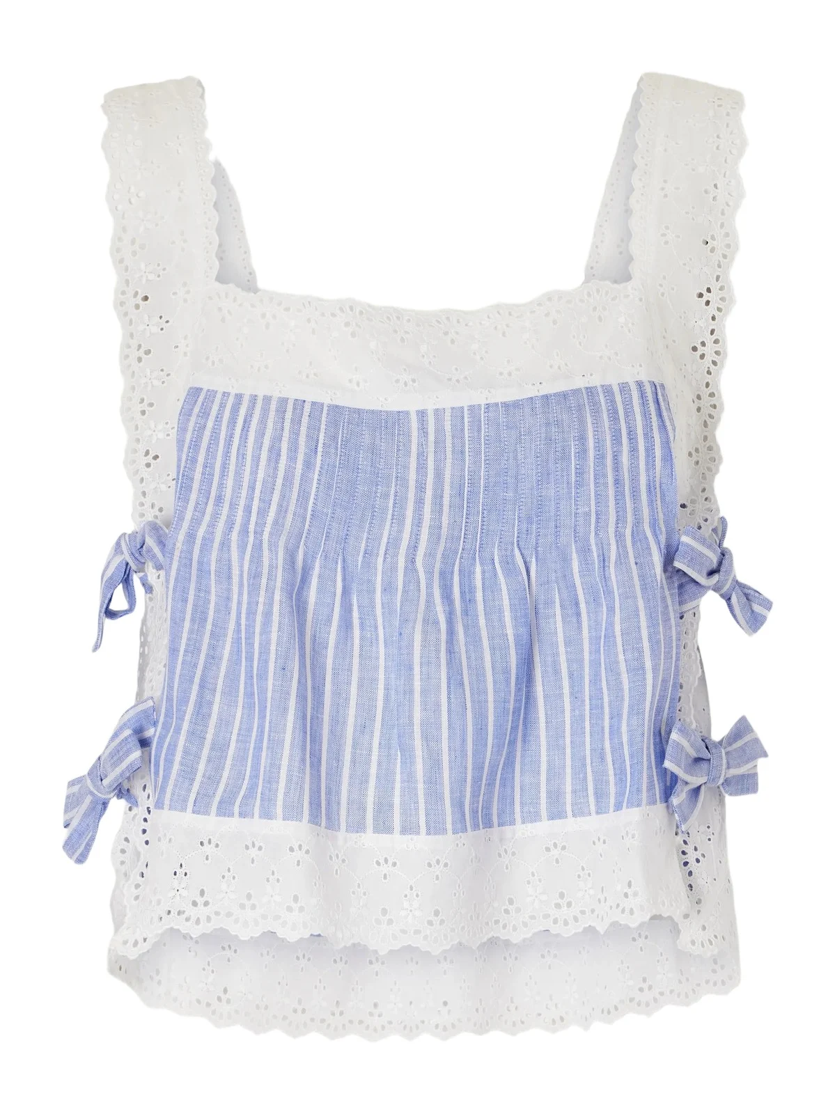 Fiocchini Pleated Striped Broderie Anglaise-trimmed Linen Top