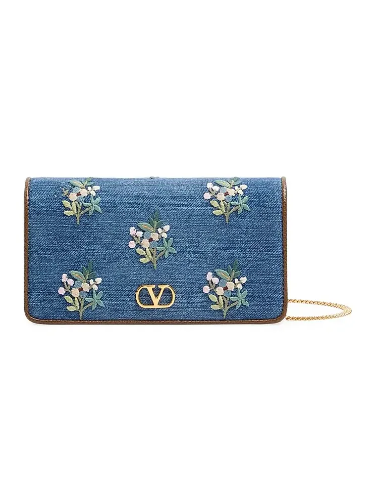 Women's VLogo Signature Mini Shoulder Bag in Denim with Floral Embroidery - Denim Women's VLogo Signature Mini Shoulder Bag in Denim with Floral Embroidery - Denim