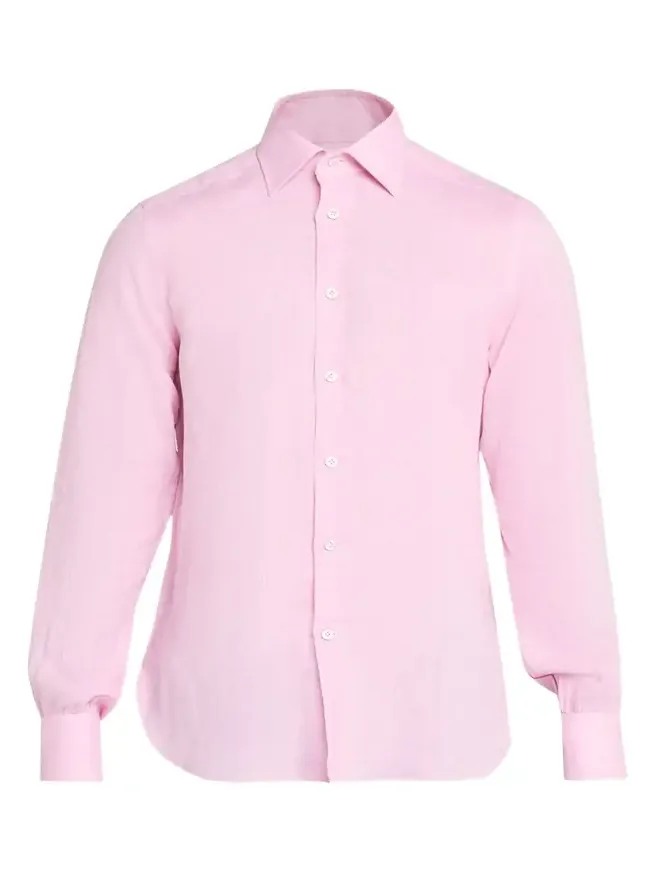 Kiton Men's Solid Linen Button-Down Shirt with Mother-Of-Pearl