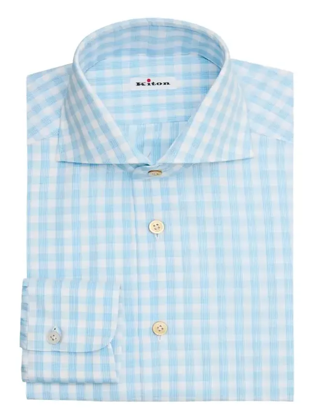 Kiton Men's Cotton Plaid Dress Shirt with Mother-Of-Pearl Buttons