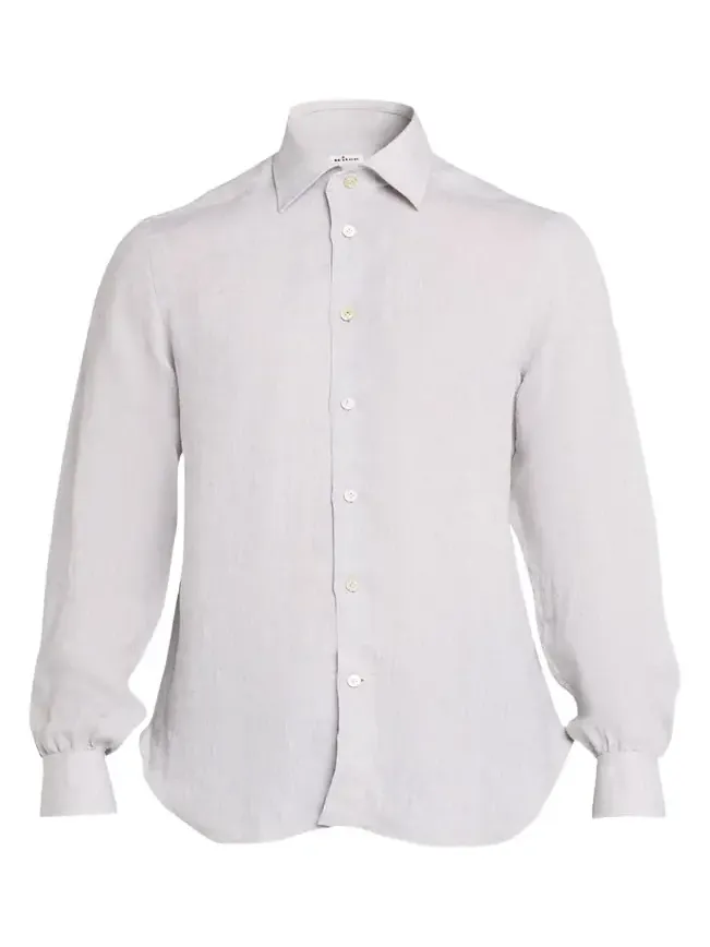 Kiton Men's Solid Linen Button-Down Shirt with Mother-Of-Pearl