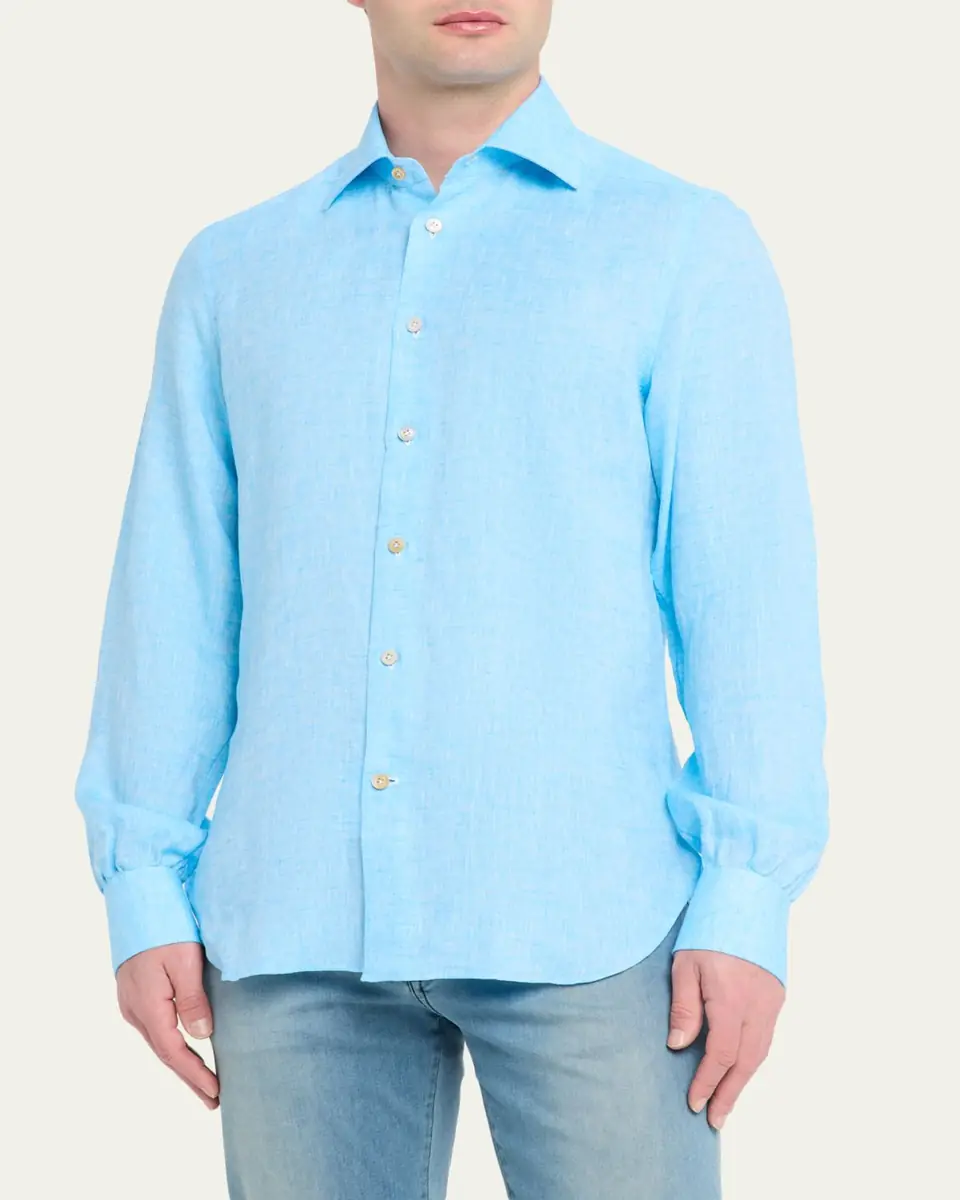 Kiton Men's Solid Linen Button-Down Shirt with Mother-Of-Pearl | Thumbnail 4 Kiton Men's Solid Linen Button-Down Shirt with Mother-Of-Pearl | Thumbnail 4