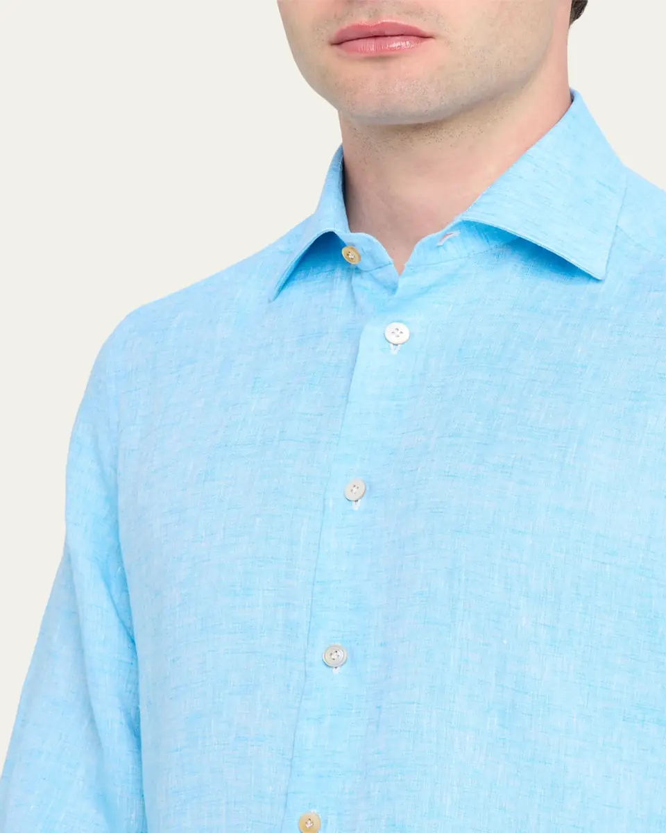 Kiton Men's Solid Linen Button-Down Shirt with Mother-Of-Pearl | Thumbnail 5 Kiton Men's Solid Linen Button-Down Shirt with Mother-Of-Pearl | Thumbnail 5