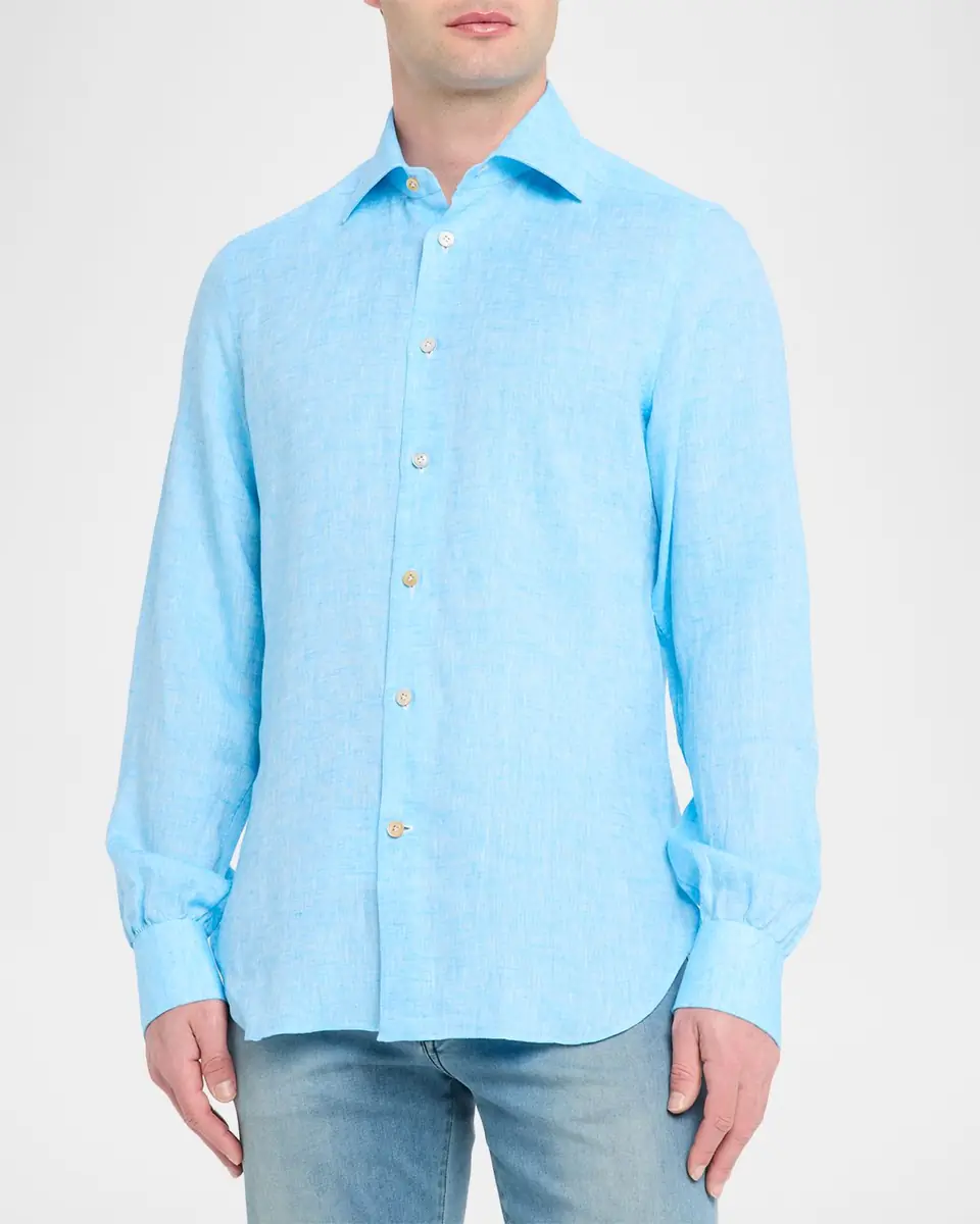 Kiton Men's Solid Linen Button-Down Shirt with Mother-Of-Pearl | Thumbnail 8 Kiton Men's Solid Linen Button-Down Shirt with Mother-Of-Pearl | Thumbnail 8