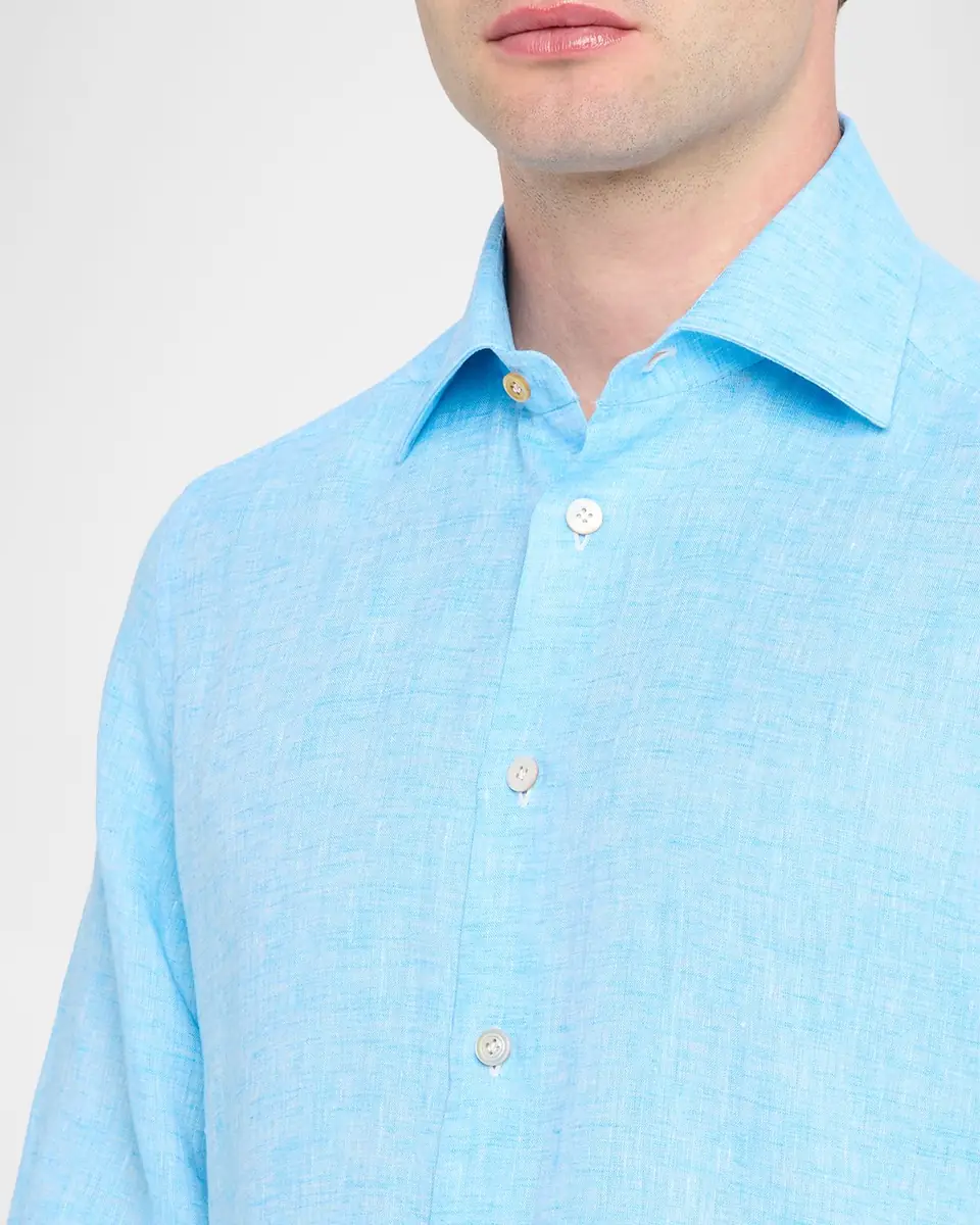 Kiton Men's Solid Linen Button-Down Shirt with Mother-Of-Pearl | Thumbnail 9 Kiton Men's Solid Linen Button-Down Shirt with Mother-Of-Pearl | Thumbnail 9