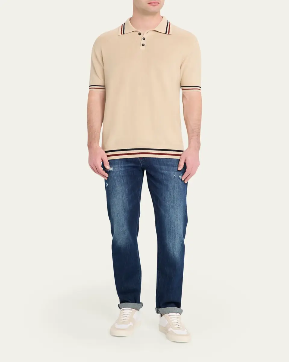 Kiton Men's Double-Stripe Trim Cotton Knit Polo Shirt | Thumbnail 2 Kiton Men's Double-Stripe Trim Cotton Knit Polo Shirt | Thumbnail 2