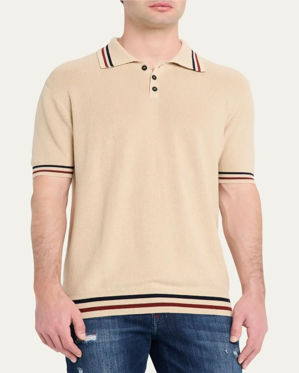 Kiton Men's Double-Stripe Trim Cotton Knit Polo Shirt | Thumbnail 4 Kiton Men's Double-Stripe Trim Cotton Knit Polo Shirt | Thumbnail 4