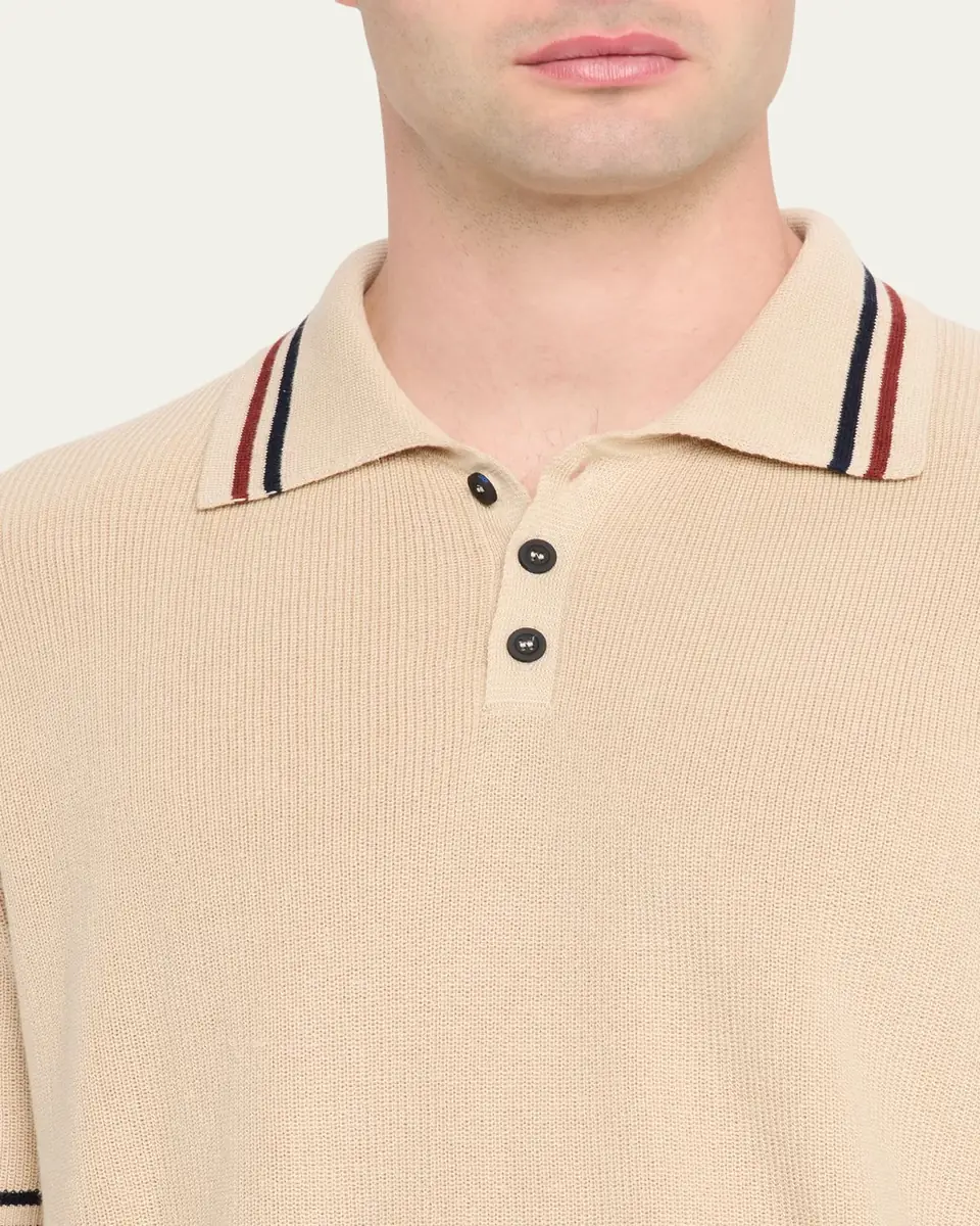 Kiton Men's Double-Stripe Trim Cotton Knit Polo Shirt | Thumbnail 5 Kiton Men's Double-Stripe Trim Cotton Knit Polo Shirt | Thumbnail 5