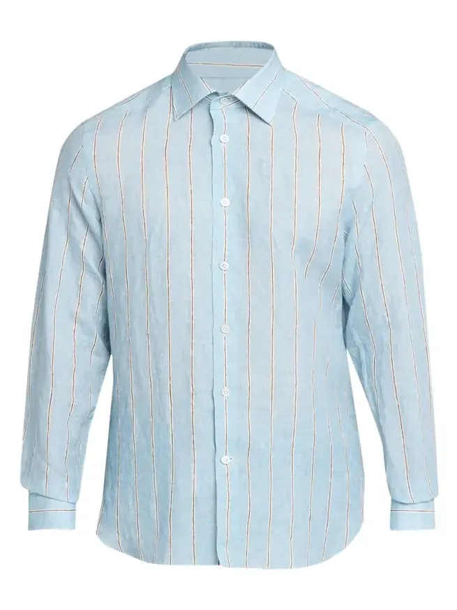 Kiton Men's Linen Stripe Button-Down Shirt with Mother-Of-Pearl