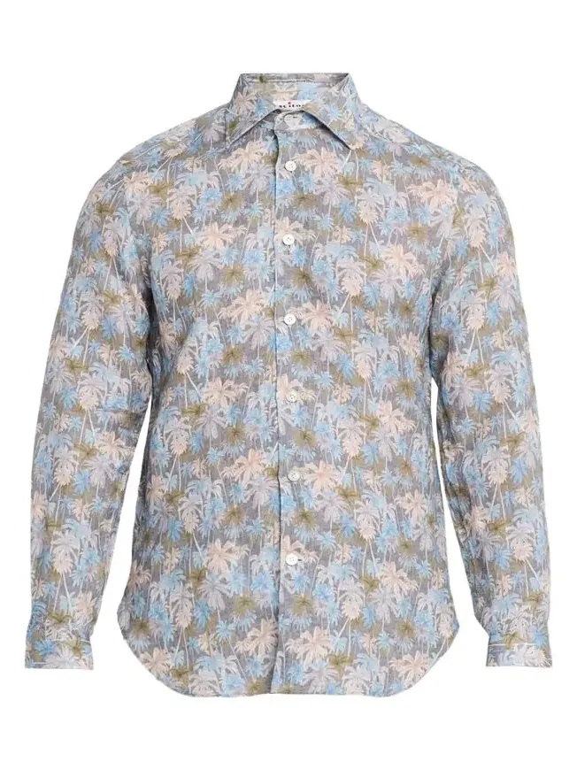 Kiton Men's Palm-Print Linen Button-Down Shirt with Mother-Of-Pearl