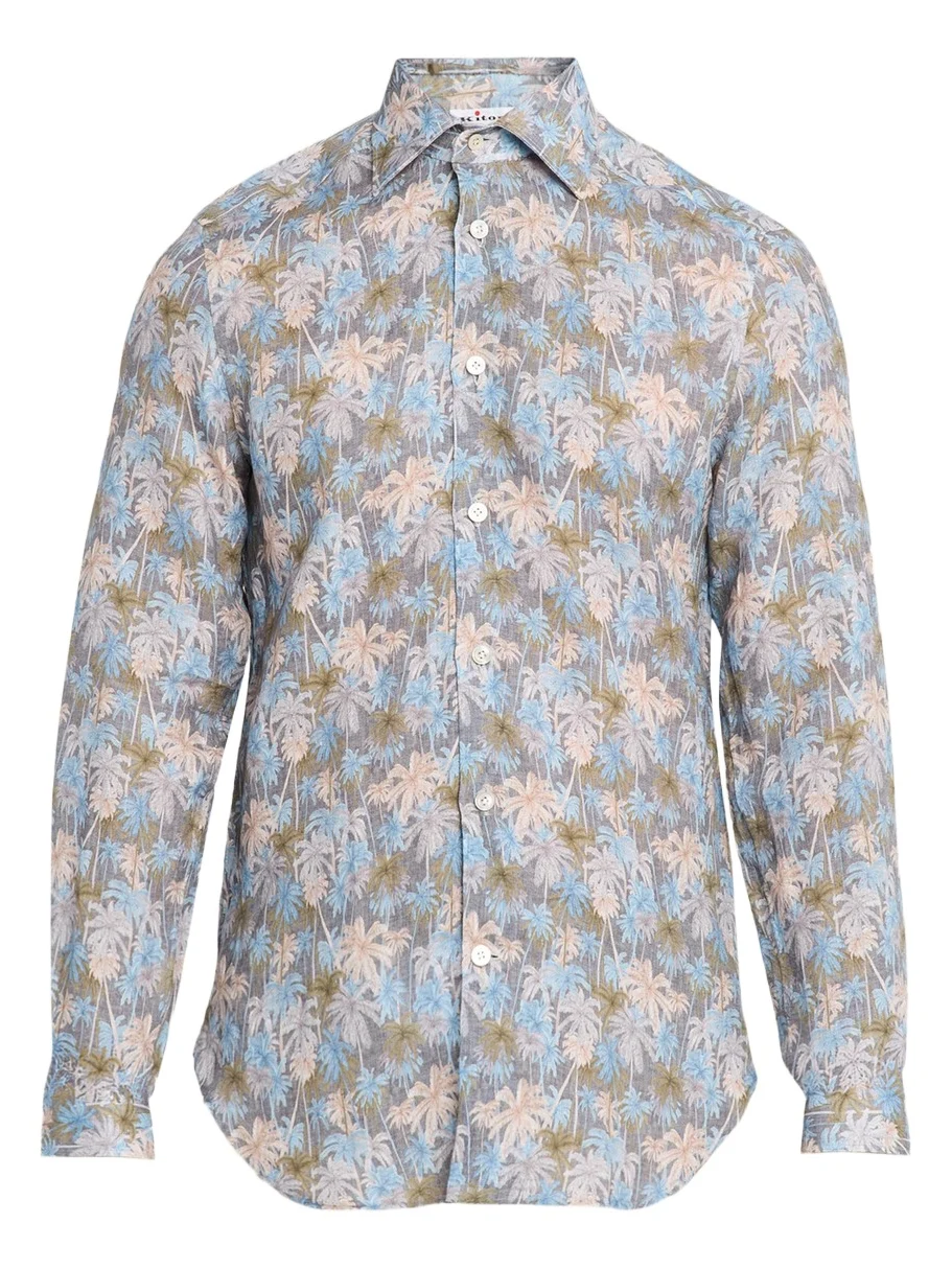 Kiton Men's Palm-Print Linen Button-Down Shirt with Mother-Of-Pearl