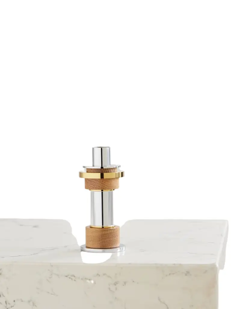 Christofle Myriade Medium Stainless Steel, Gold-tone, Oak And Glass Candle Holder | Image 1 Christofle Myriade Medium Stainless Steel, Gold-tone, Oak And Glass Candle Holder | Image 1